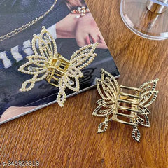 glimm Stylish Butterfly Hair Pearl Claw Metal Clutcher Wedding Fancy Accessories for Girls and Women (Metallic Gold) Pack of 1
