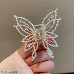 glimm Stylish Butterfly Hair Pearl Claw Metal Clutcher Wedding Fancy Accessories for Girls and Women (Metallic Gold) Pack of 1