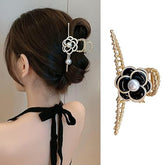 Glimm Flower Metal Gold Hair Claw Clips Black Camellia with White Pearl Elegant Design Non-Slips Large Hair Claw for Women Hair Accessories 1Pcs