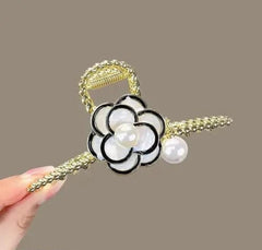 Glimm flower metal gold hair claw clips with white pearl elegant design non-slips large hair clamp clips for women hair accessories camellia hair barrette ornaments set of 1