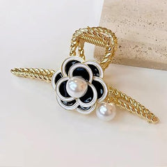 Glimm Flower Metal Gold Hair Claw Clips Black Camellia with White Pearl Elegant Design Non-Slips Large Hair Claw for Women Hair Accessories 1Pcs