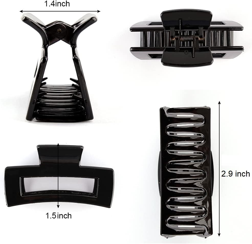 glimm simple black retro rectangle hair claw clip – medium size back head hair clutcher for women and girls set of 4