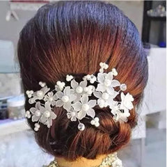 Glimm White Floral Bridal Hair Pins – Rhinestone & Pearl Juda Bun Clip Set (Pack of 12) for Women & Girls