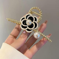 Glimm Flower Metal Gold Hair Claw Clips Black Camellia with White Pearl Elegant Design Non-Slips Large Hair Claw for Women Hair Accessories 1Pcs