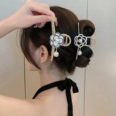 Glimm Flower Metal Gold Hair Claw Clips Black Camellia with White Pearl Elegant Design Non-Slips Large Hair Claw for Women Hair Accessories 1Pcs