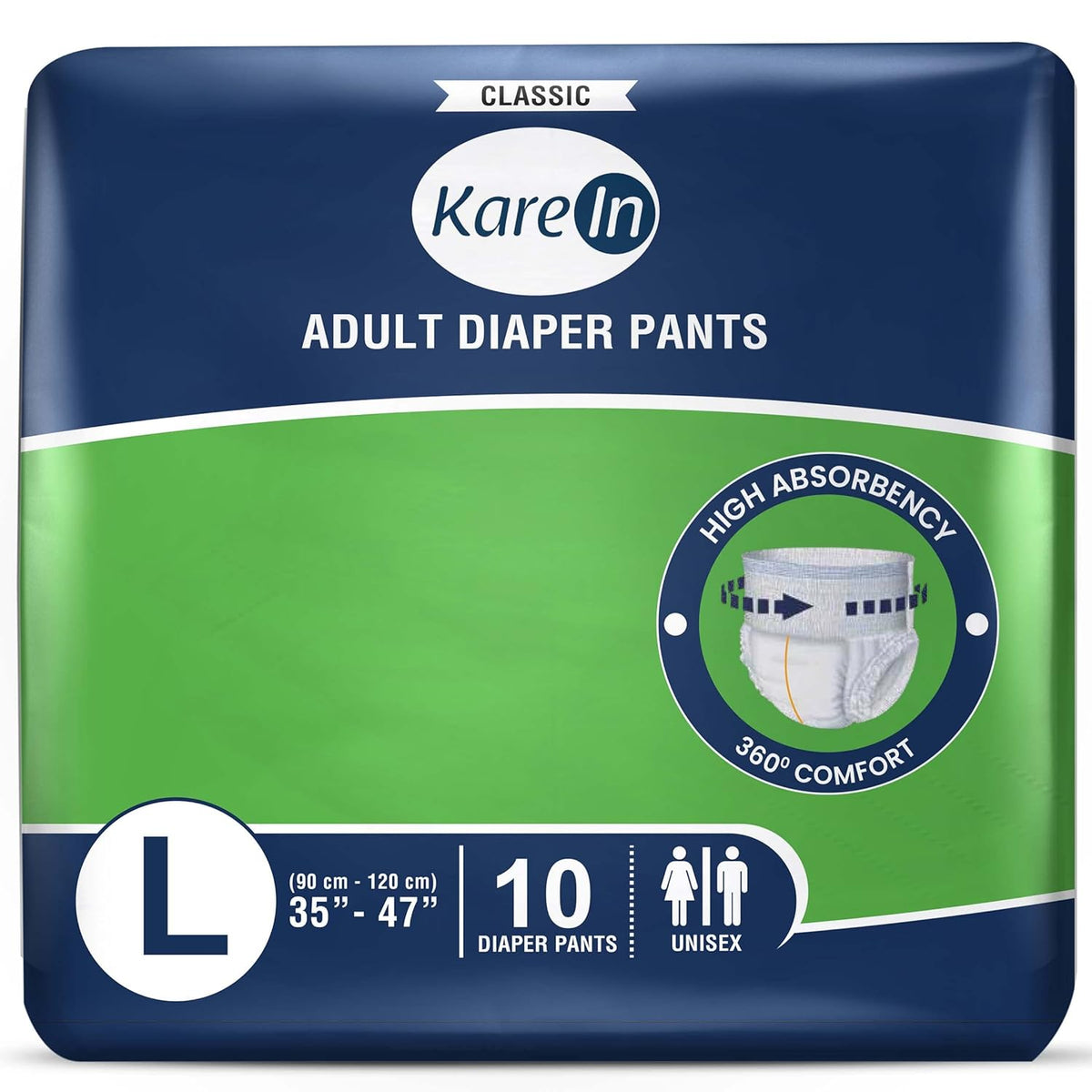 Kare In Classic Adult Diaper Pants, Large 90-120 Cm (35"- 47"), Unisex, Leakproof, Elastic Waist, Wetness Indicator, 10 Count