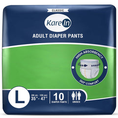 Kare In Classic Adult Diaper Pants, Large 90-120 Cm (35"- 47"), Unisex, Leakproof, Elastic Waist, Wetness Indicator, 10 Count