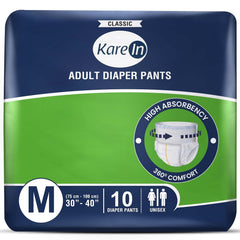 KareMed In Classic Adult Diaper Pants, Medium 75 - 100 Cm (30"- 40"), Unisex, Leakproof, Elastic Waist, Wetness Indicator, 10 Count