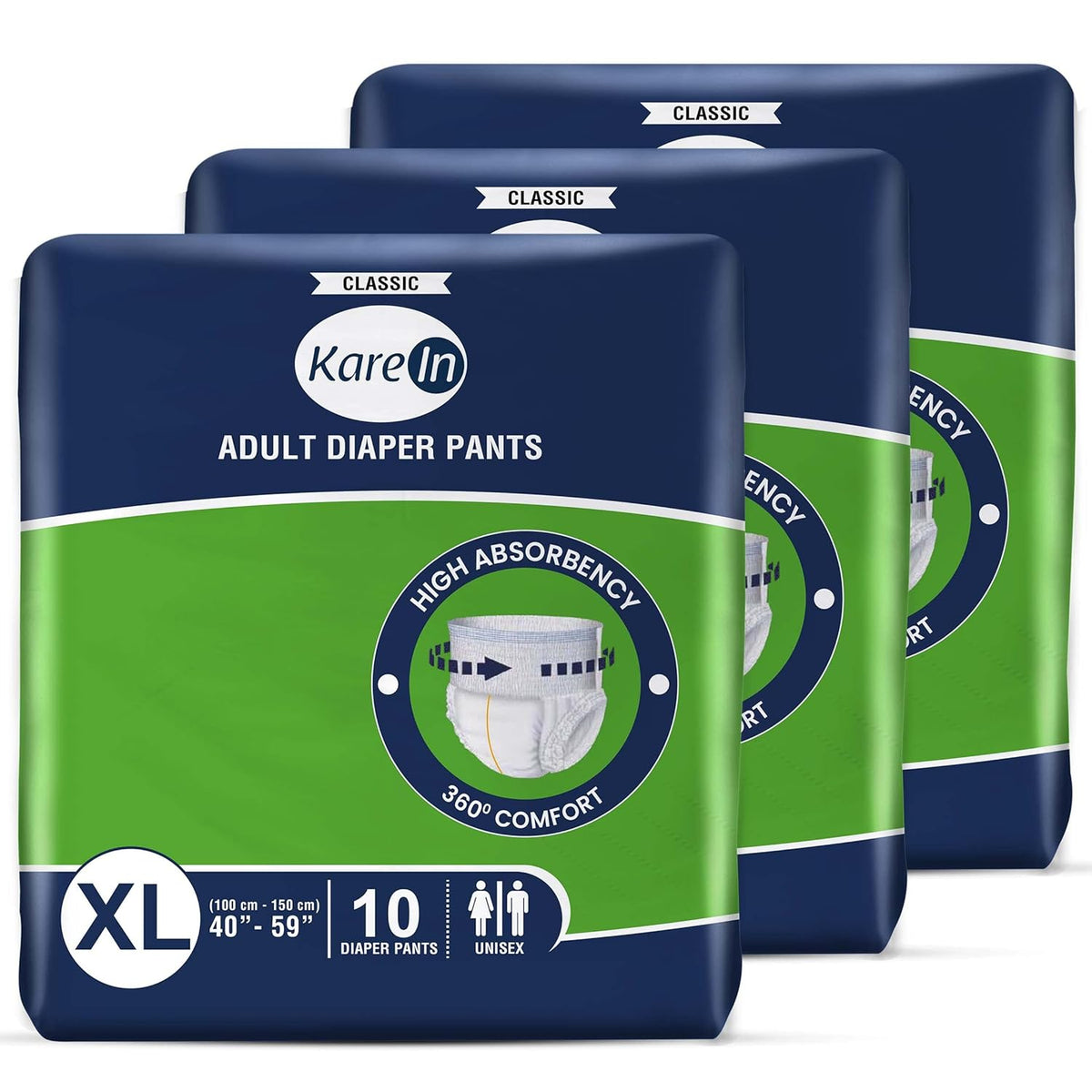 KareIn Classic Adult Diaper Pants, Extra Large 100-150 Cm (40"- 59"), 30 Count, Unisex, Leakproof, Elastic Waist, Wetness Indicator, Pack of 3