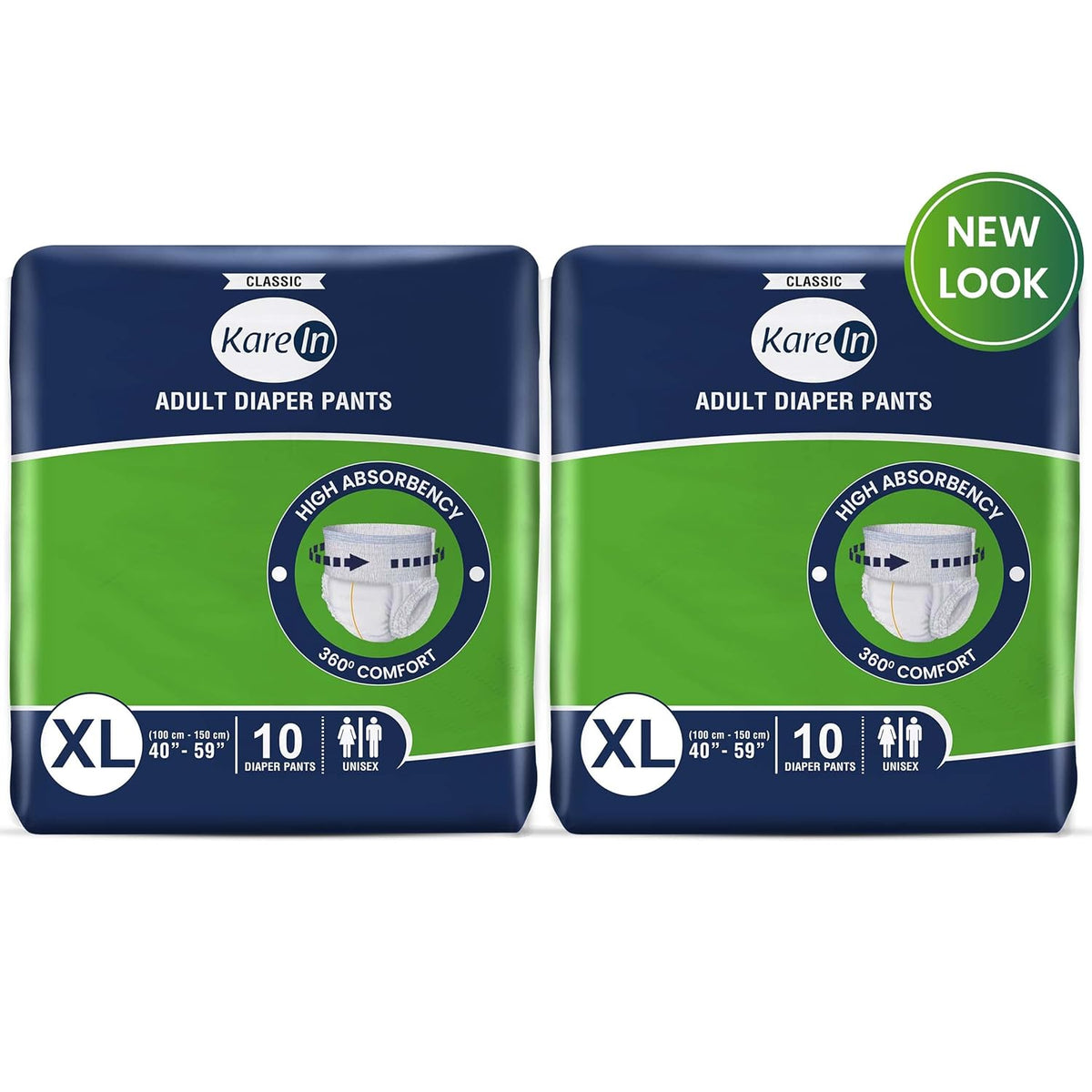 KareIn Classic Adult Diaper Pants, Extra Large 100-150 Cm (40"- 59"), 20 Count, Unisex, Leakproof, Elastic Waist, Wetness Indicator, Pack of 2