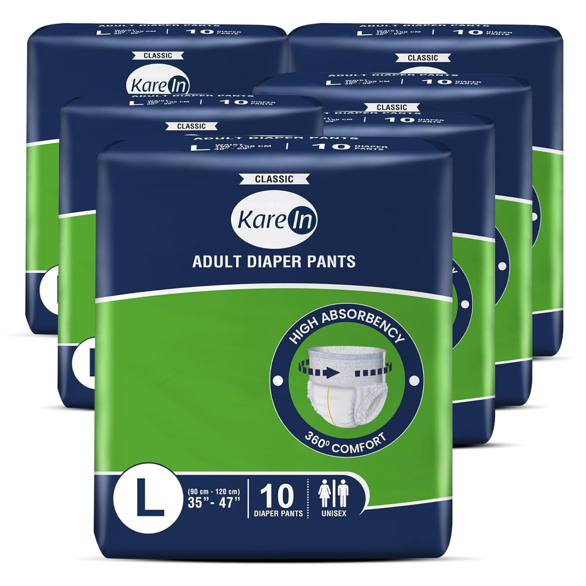 KareIn Classic Adult Diaper Pants, Large 90-120 Cm (35"- 47"), 60 Count, Unisex, Leakproof, Elastic Waist, Wetness Indicator, Pack of 6