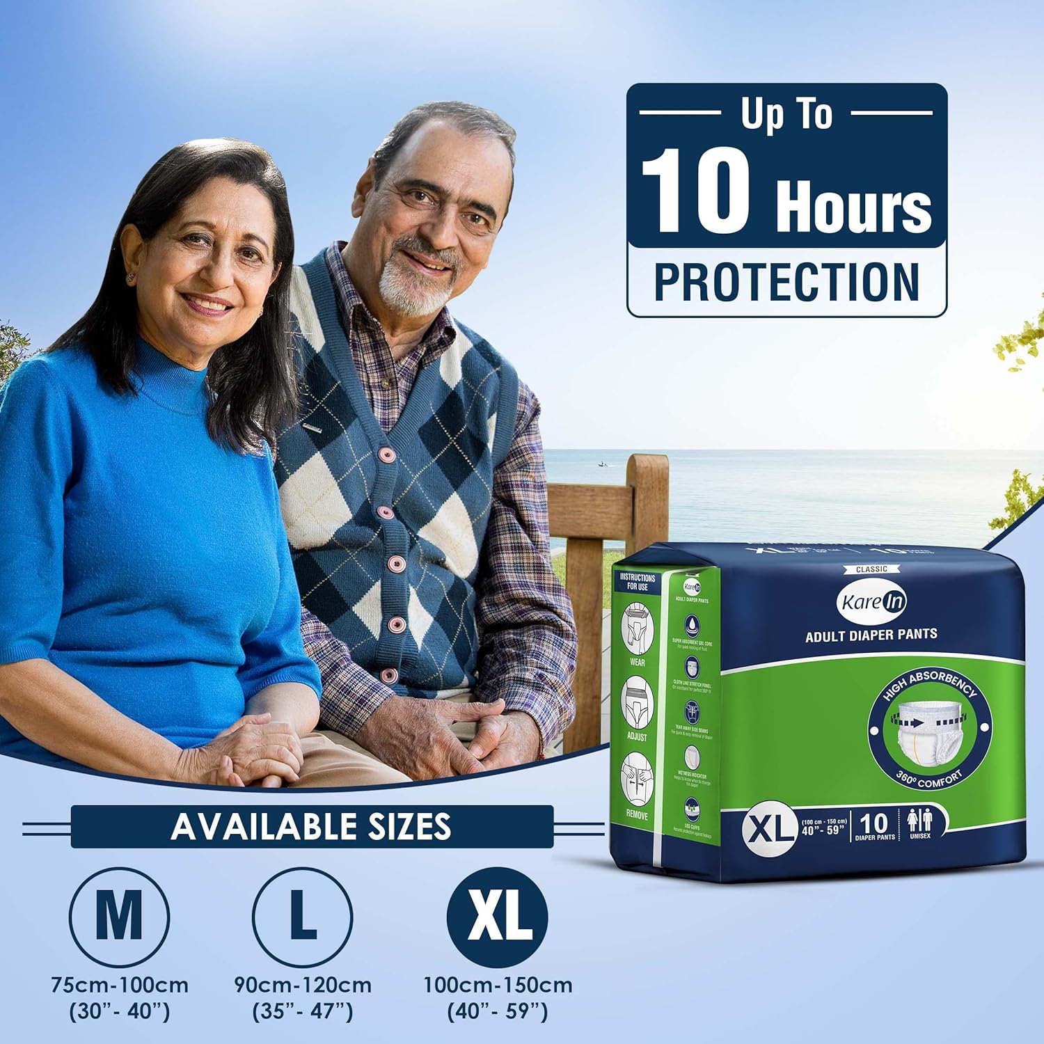 KareIn Classic Adult Diaper Pants, Extra Large 100-150 Cm (40"- 59"), 120 Count, Unisex, Leakproof, Elastic Waist, Wetness Indicator, Pack of 12