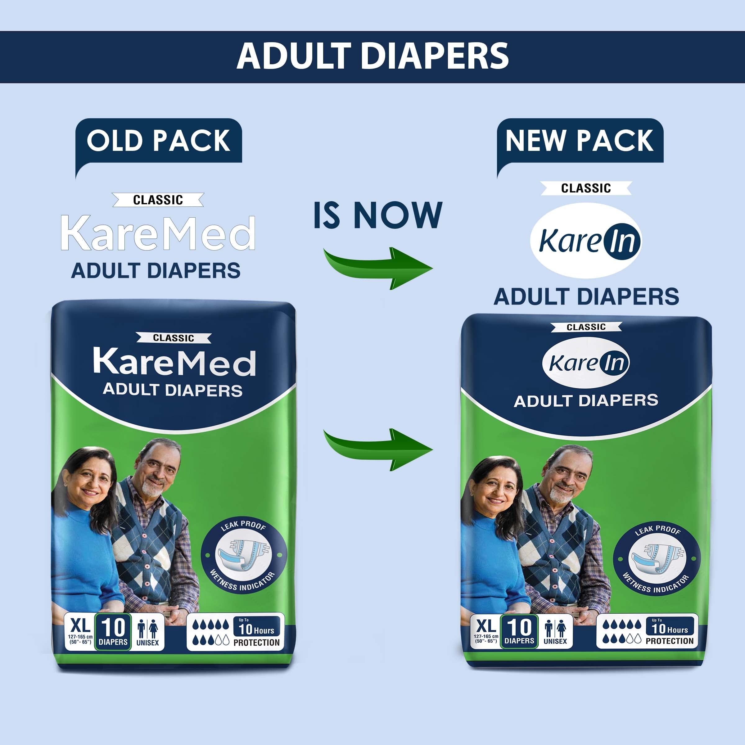 KareIn Classic Adult Diapers, Large, Waist Size 101-139 Cm (40"-55"), 120 Count, Tape Style, Unisex, High Absorbency, Leak Proof, Wetness Indicator, Pack of 12