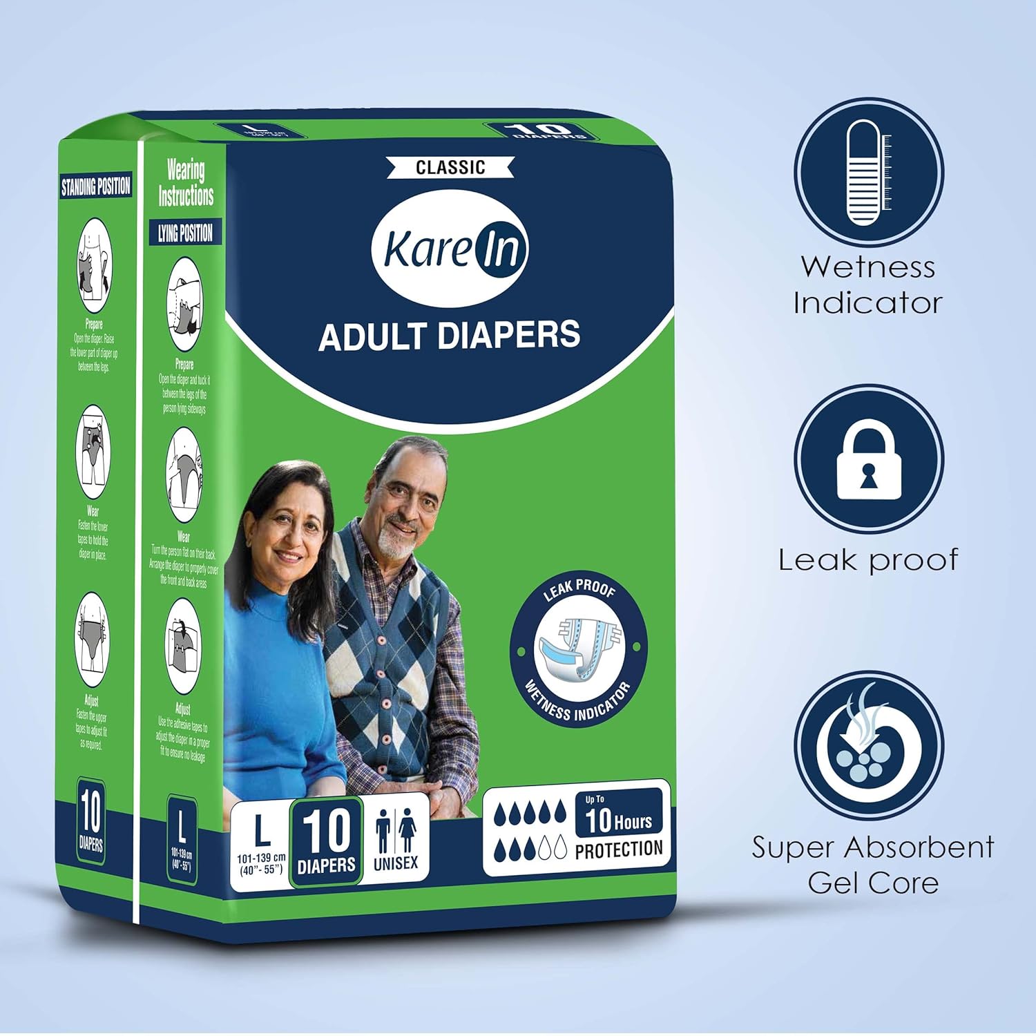 Kare In KareMed Adult Diaper Large ,Waist Size 101-139cm (40"-55") ,10 Pcs