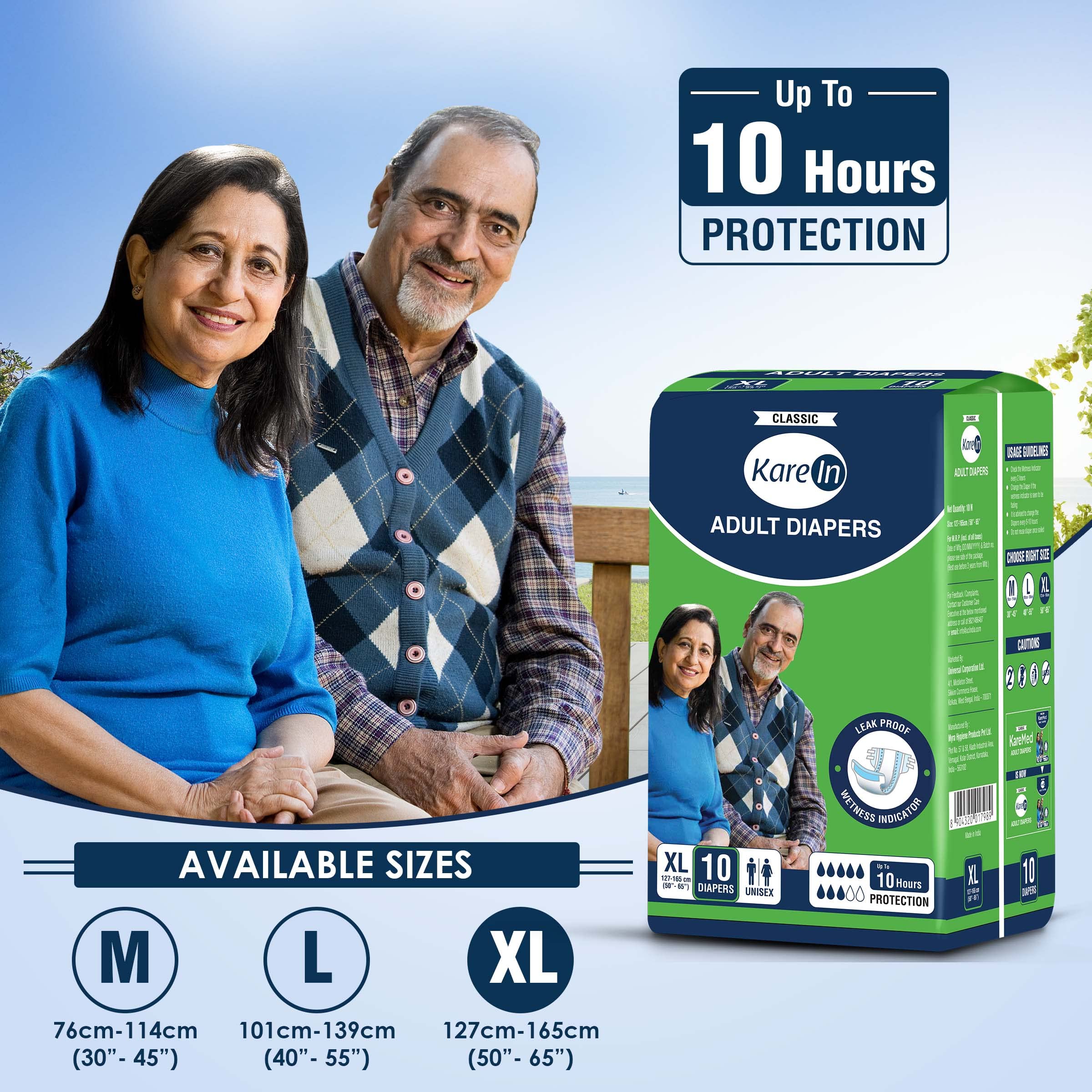 KareIn Classic Adult Diapers, Large, Waist Size 101-139 Cm (40"-55"), 120 Count, Tape Style, Unisex, High Absorbency, Leak Proof, Wetness Indicator, Pack of 12