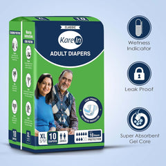 KareIn Classic Adult Diapers, Extra Large, Waist Size 127-165 Cm (50"-65"), 10 Count, Tape Style, Unisex, High Absorbency, Leak Proof, Wetness Indicator