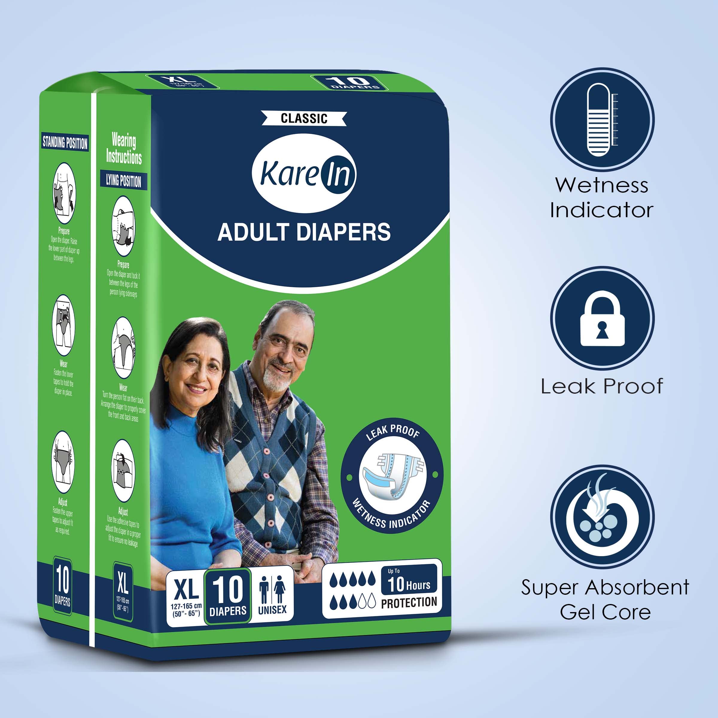 KareIn Classic Adult Diapers, Large, Waist Size 101-139 Cm (40"-55"), 120 Count, Tape Style, Unisex, High Absorbency, Leak Proof, Wetness Indicator, Pack of 12