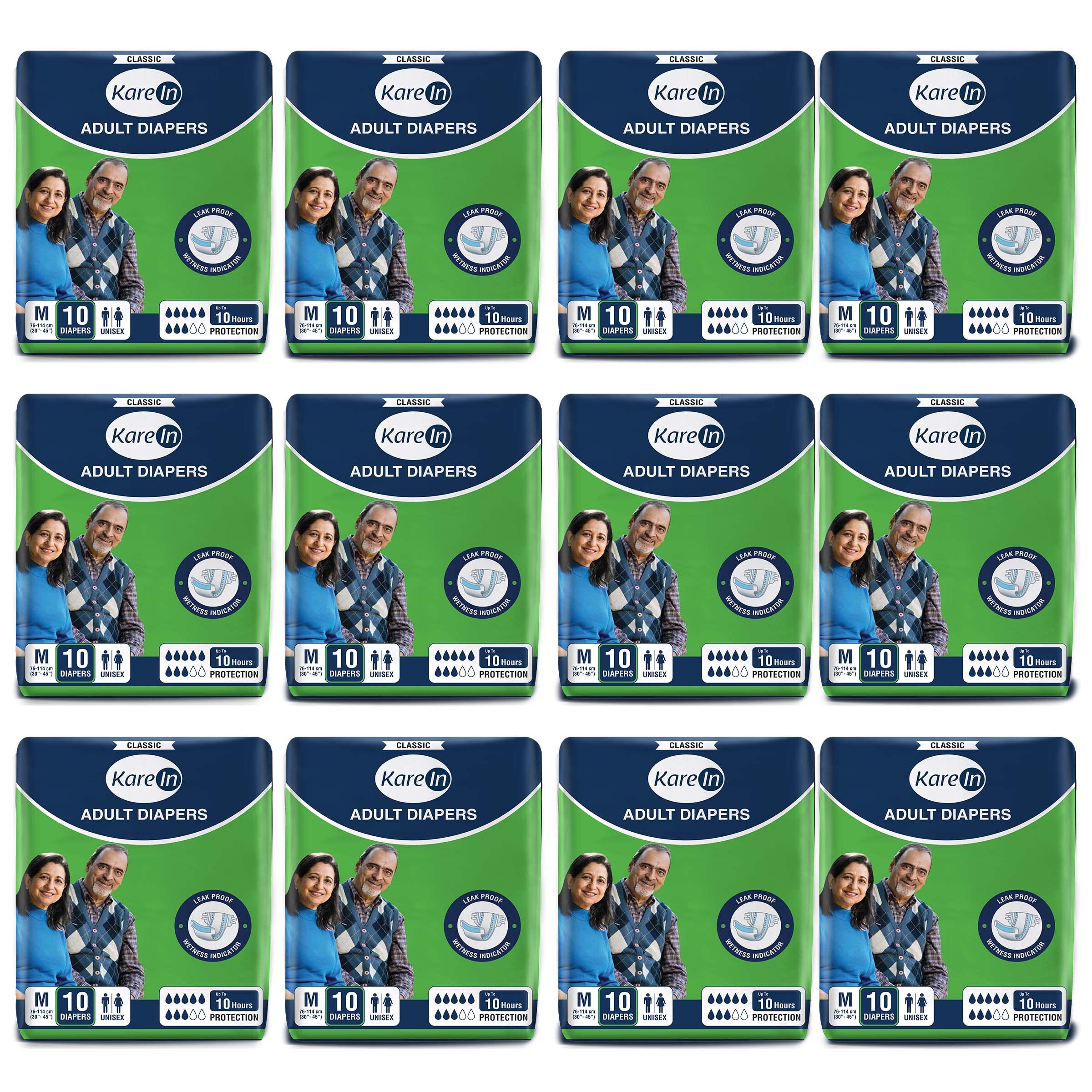 KareIn Classic Adult Diapers, Large, Waist Size 101-139 Cm (40"-55"), 120 Count, Tape Style, Unisex, High Absorbency, Leak Proof, Wetness Indicator, Pack of 12